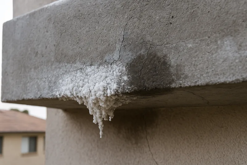 White salt crystals hanging from the underside edge of a concrete balcony slab, with hairline cracks and a damp patch beside them — leaking balcony signs, Melbourne. Illustrative example.