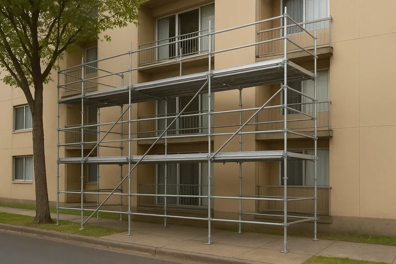 Steel scaffold on a footpath beside a mid-rise apartment building, three levels high and level with its balconies, with a street tree in front — owners corporation balcony access, Melbourne. Illustrative example.