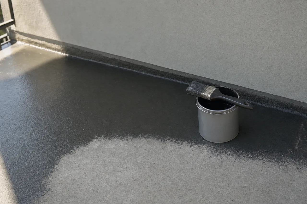 A dark membrane brushed over part of a bare concrete balcony floor, with a paintbrush resting on an open plain tin beside the rendered wall — balcony waterproofing, Melbourne. Illustrative example.