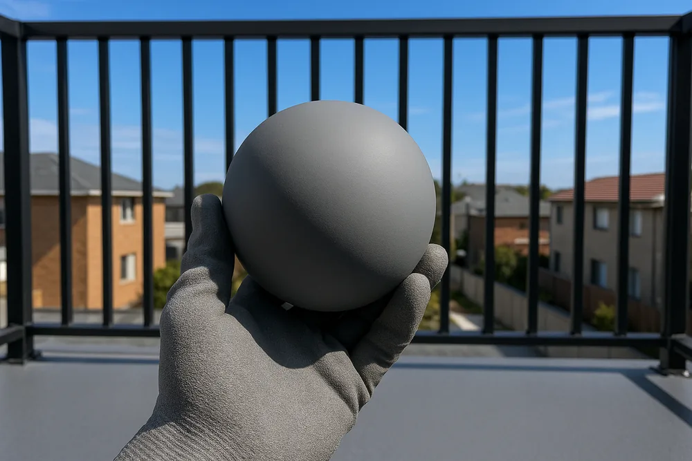A grey ball held in a gloved hand in front of the vertical bars of a black metal balustrade — balcony balustrade safety check, Melbourne. Illustrative example.