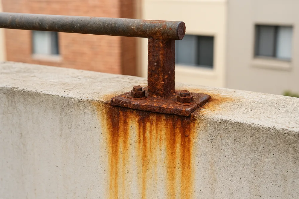 A rusted steel balustrade bracket bolted to a concrete balcony edge, with orange rust streaks running down the concrete beneath it — balcony balustrade corrosion, Melbourne. Illustrative example.