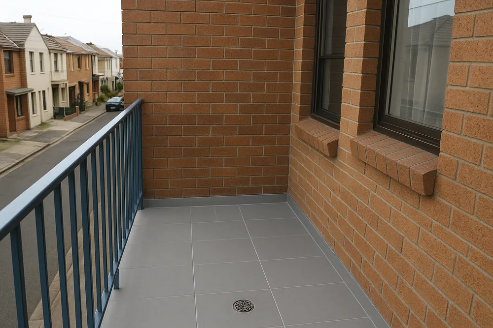 A small tiled first-floor balcony with a blue steel railing and a floor drain, on a brick terrace house in a street of terrace houses — balcony waterproofing, Melbourne. Illustrative example.