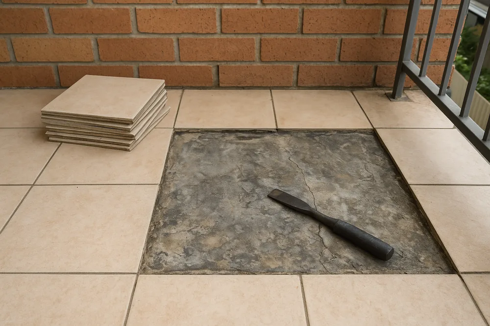 A square of balcony floor tiles lifted away to show a cracked grey substrate, with a stack of tiles and a chisel beside it — balcony waterproofing repair, Melbourne. Illustrative example.