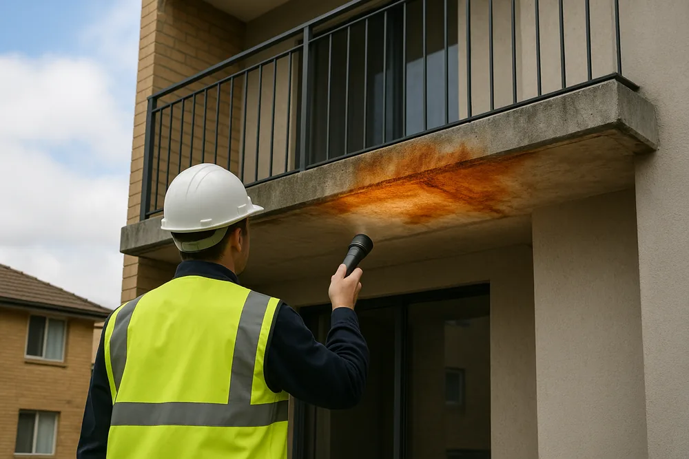A person in a hard hat and high-visibility vest, seen from behind, shining a torch at rust-coloured staining on the underside of a concrete balcony slab — balcony inspection, Melbourne. Illustrative example.