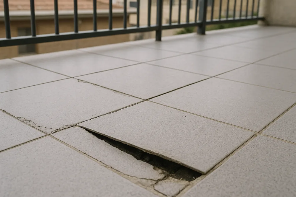 Cracked grout lines and one grey floor tile lifting at its edge to show dark material beneath, on a balcony with a metal railing — leaking balcony signs, Melbourne. Illustrative example.