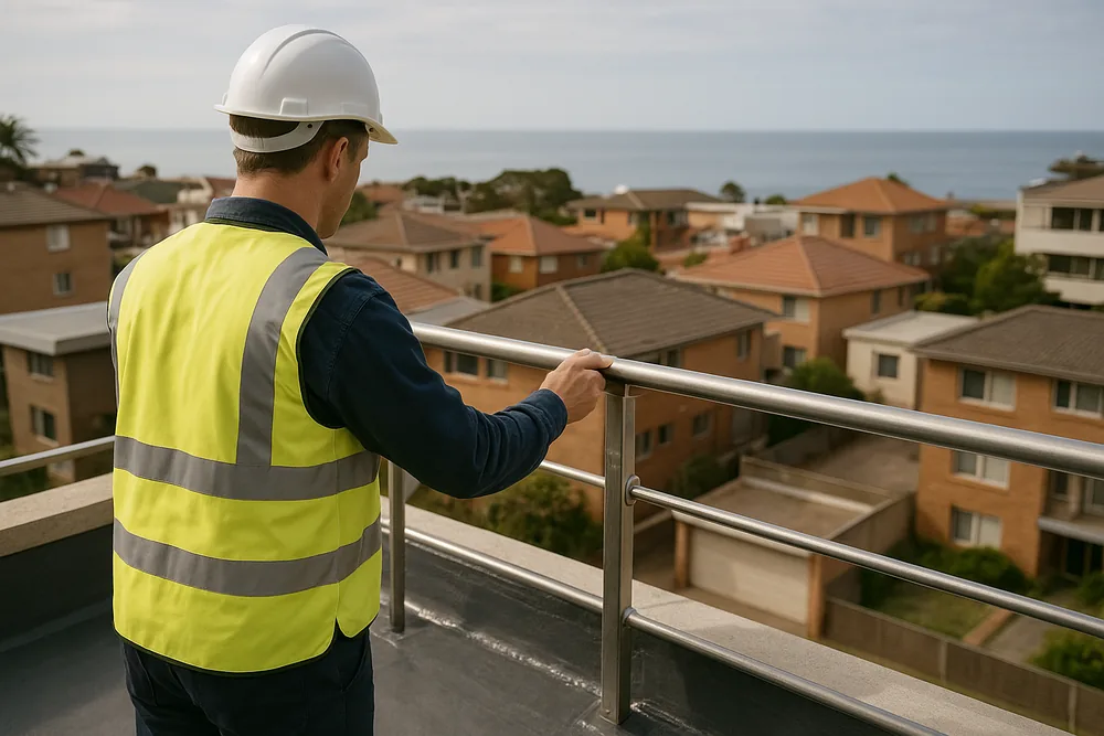A person in a hard hat and high-visibility vest, seen from behind, resting a hand on a stainless steel balustrade on a roof-level balcony, with houses below and open water in the distance — coastal balcony maintenance, Melbourne. Illustrative example.