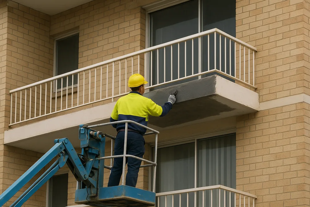 A tradesperson in a yellow hard hat, seen from behind, on an elevated work platform smoothing grey material onto the underside of an apartment balcony slab — owners corporation balcony repairs, Melbourne. Illustrative example.