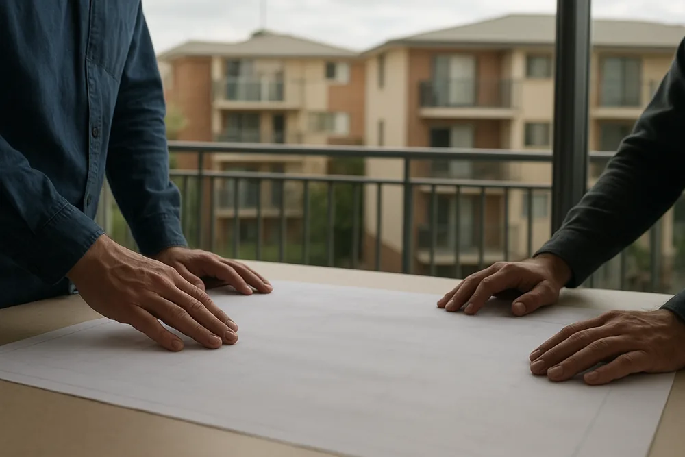 The hands of two people resting on a blank unrolled plan on a table, with apartment balconies visible through the window behind — owners corporation balcony repairs, Melbourne. Illustrative example.