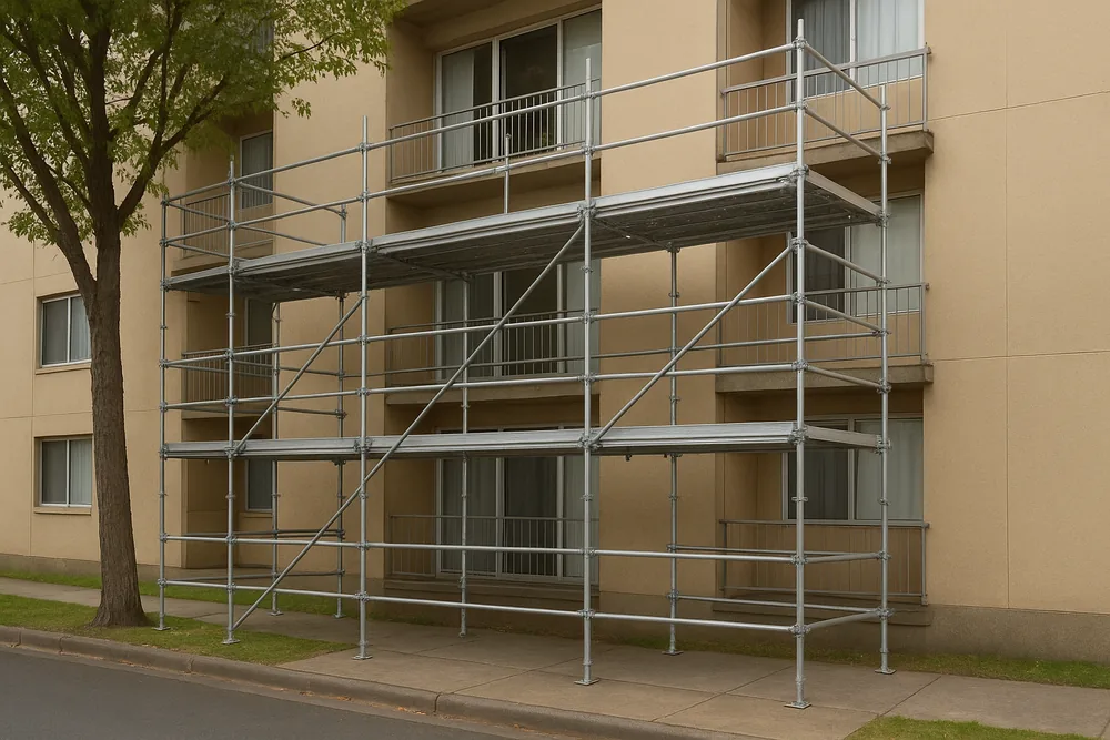 Steel scaffold on a footpath beside a mid-rise apartment building, three levels high and level with its balconies, with a street tree in front — owners corporation balcony access, Melbourne. Illustrative example.